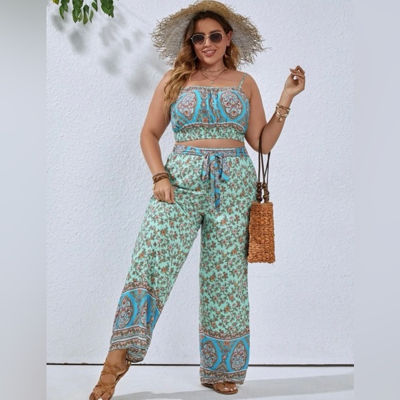 Shein Bo-Ho Floral Print Crop Cami Top & Wide Leg Pant set - Picture 3 of 6